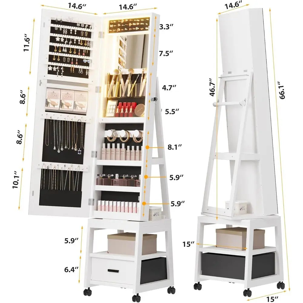 MKDK 360 Degree Swivel Jewelry Cabinet LED Mirror And Storage