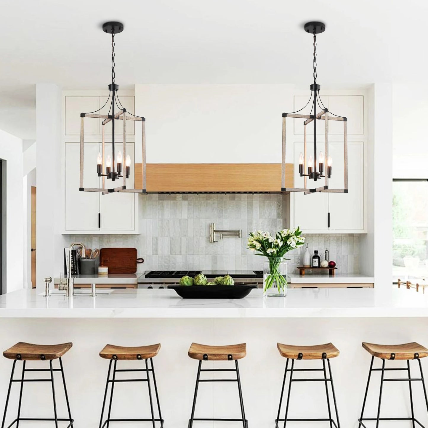 4-Light Farmhouse Chandelier Height Adjustable Rustic Living Room Chandelier Dining Room Light Fixtures Dimmable
