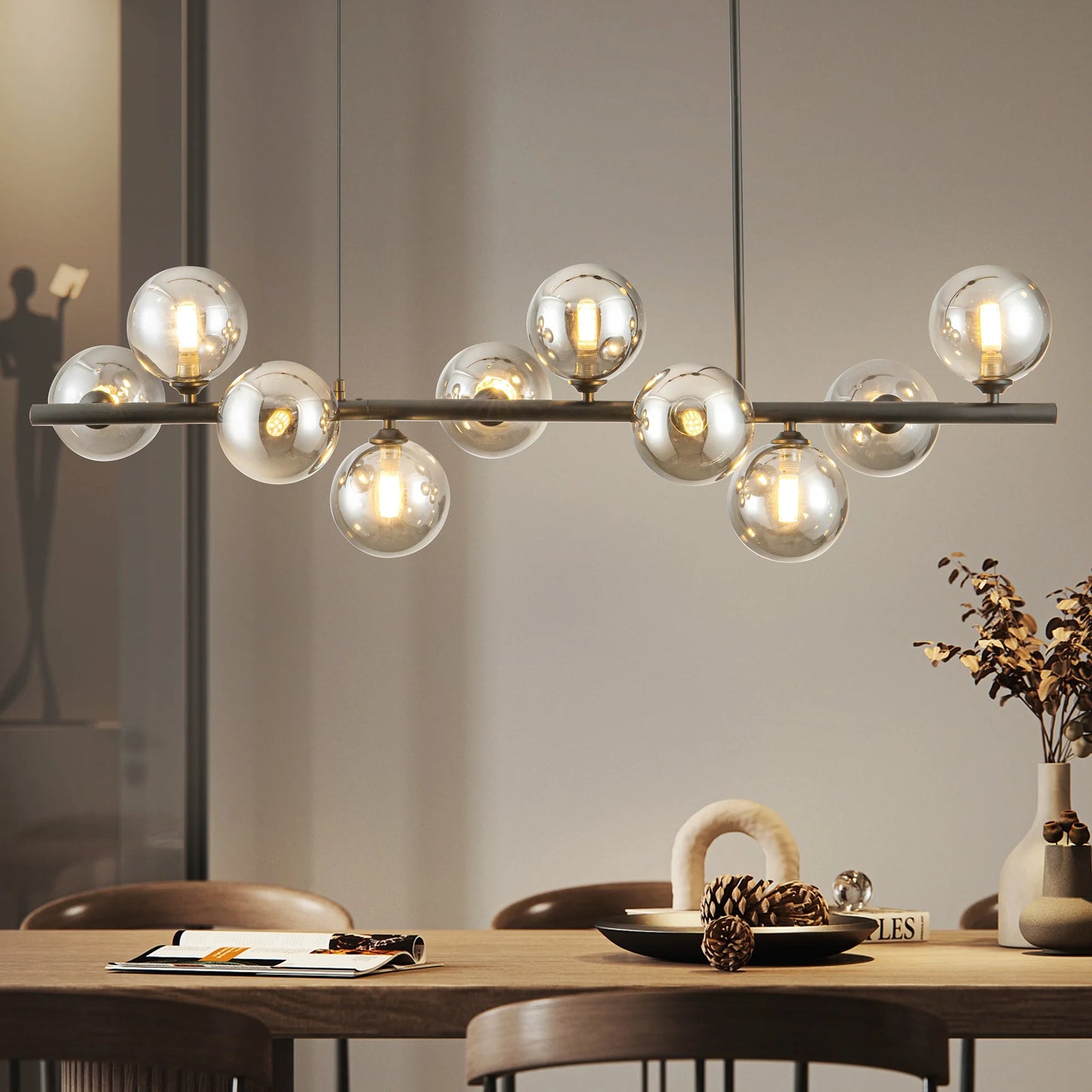 10-Light Matte Black Adjustable Chandelier with Smoked Glass Globe Shades Mid-Century Modern Style Pendant Light for Dining Room