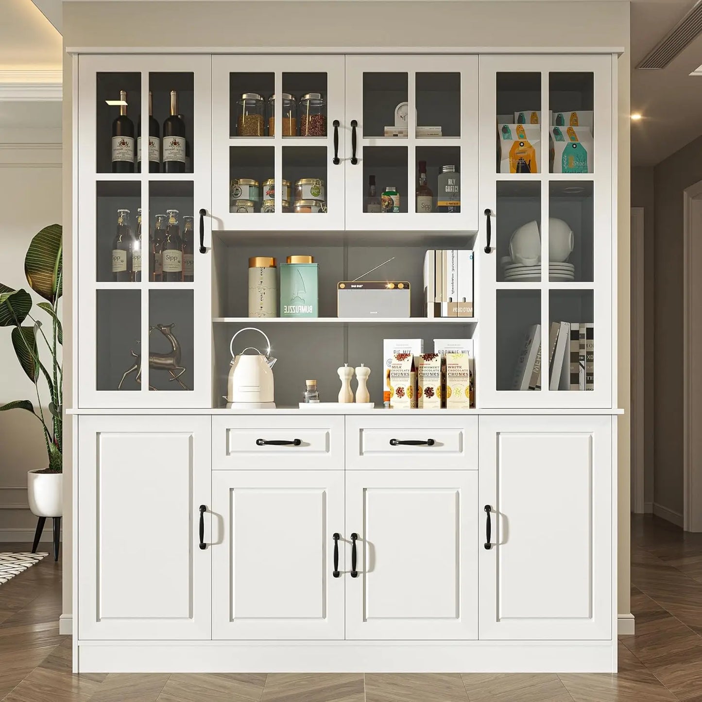 Kitchen Storage Cabinet With Glass Doors And 2 Drawers