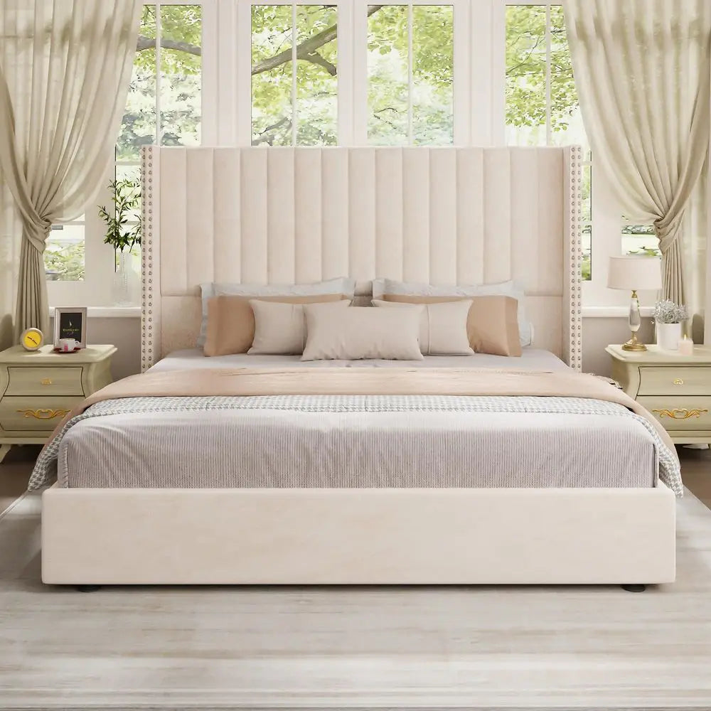 Upholstered King Lift Up Storage Bed Frame Velvet Headboard