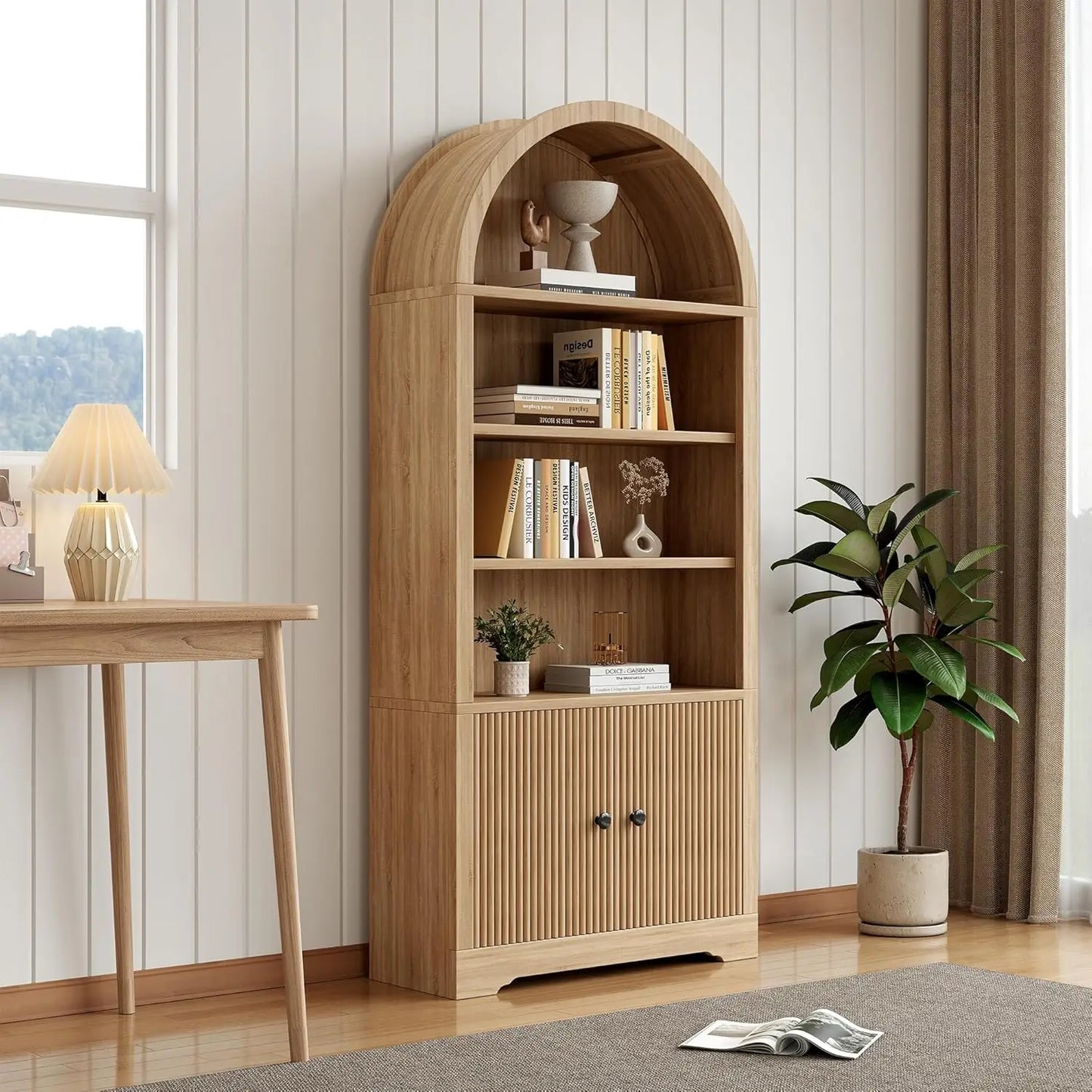 Arched Bookcase With Storage Door 6 Tier Freestanding Cabinet Farmhouse