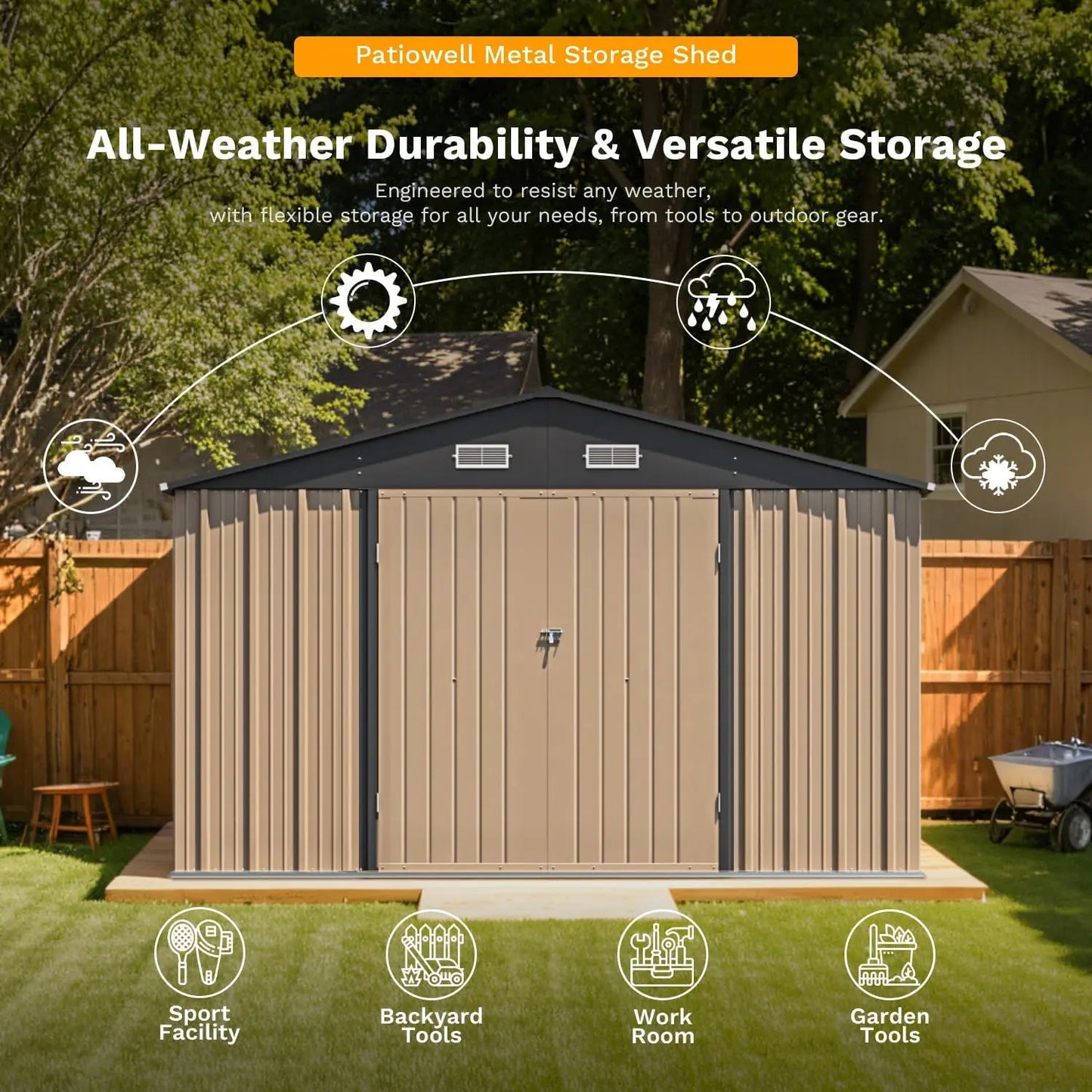 10 x 12 FT Outdoor Storage Shed, Large Metal Shed Storage with Lockable Doors and Steel Frame, Utility Tool Outside, Customized