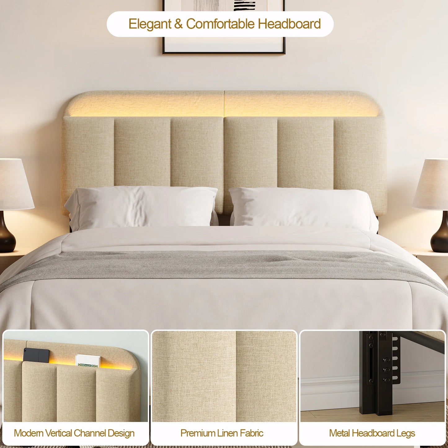 ONBRILL Adjustable Headboard With LED Light For Bed Frames