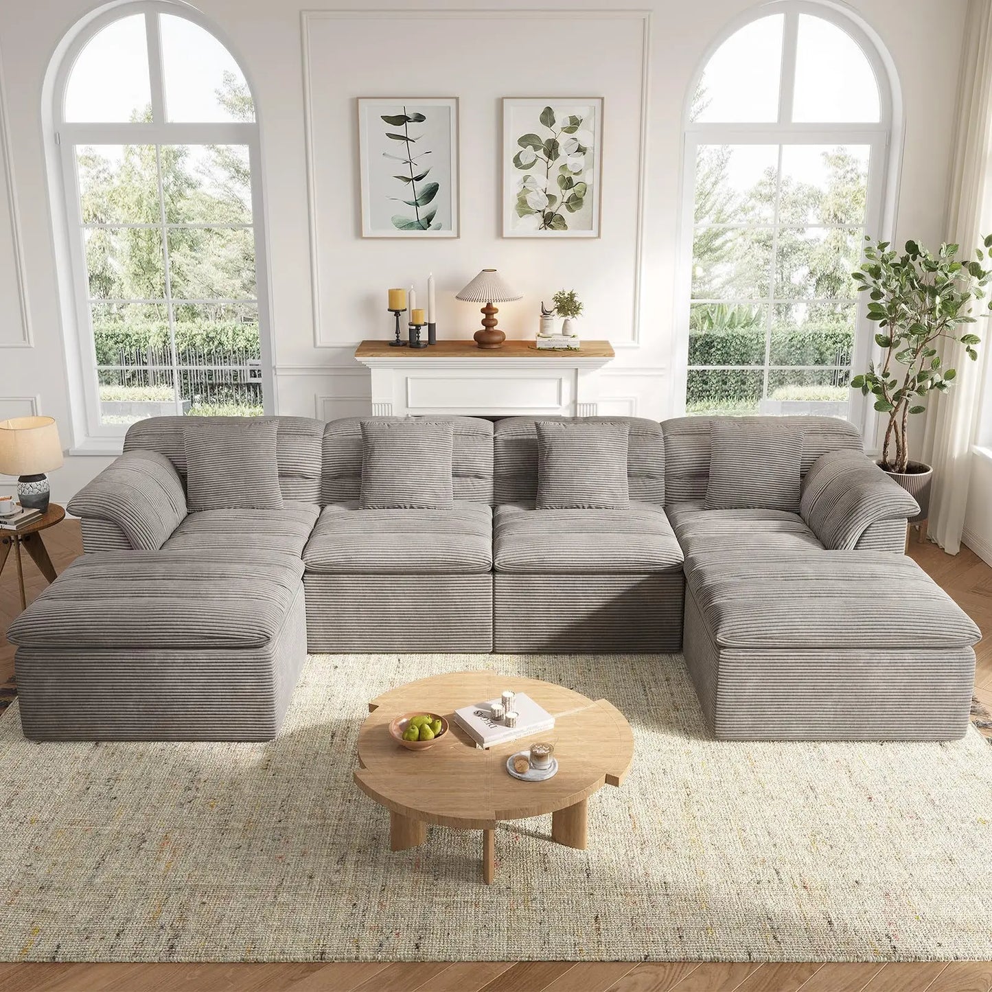 142" Modular Cloud Sectional Couch with Ottoman Modern Upholstered Compressed Sofa Deep Seat, Comfy U-Shape Corduroy Couches