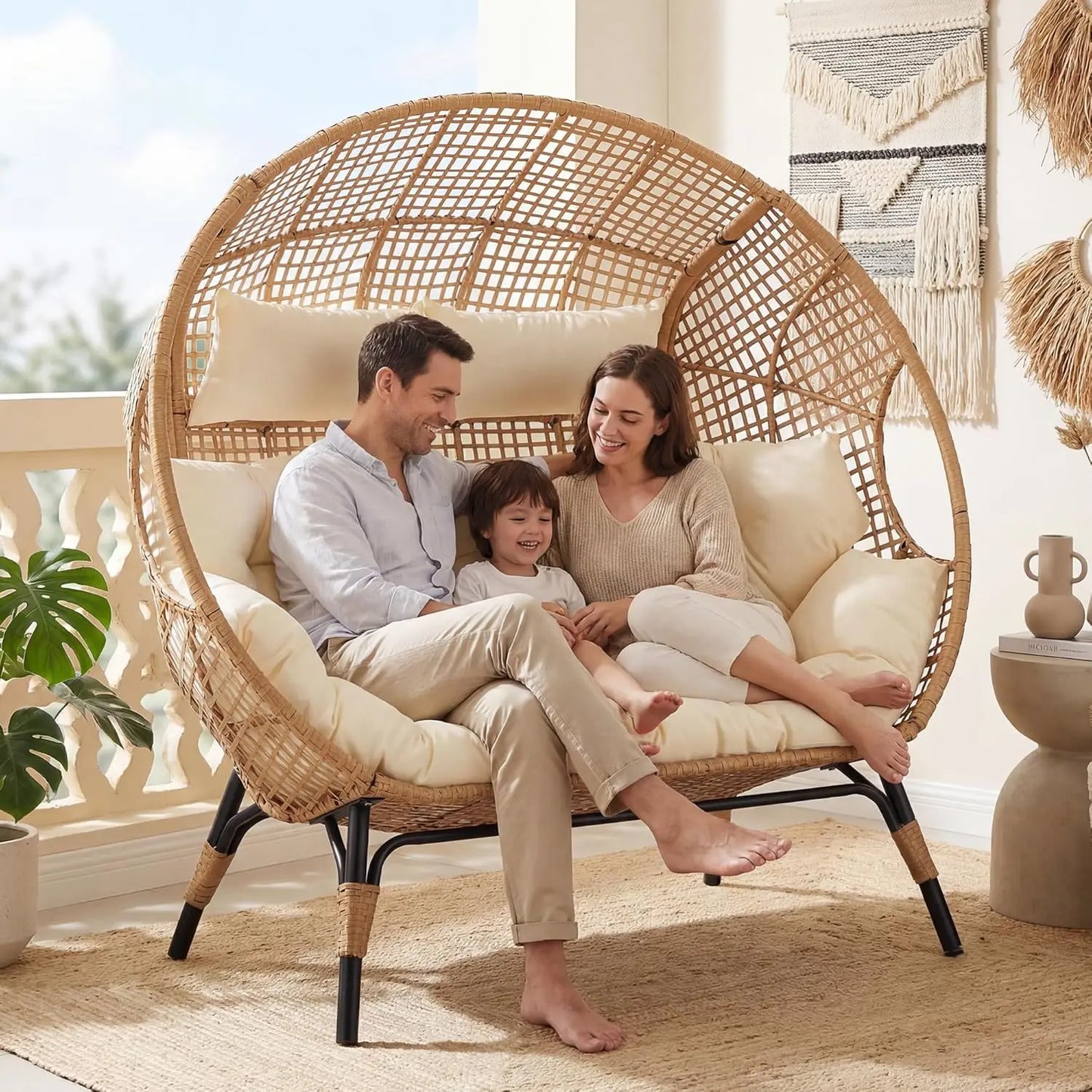 Oversized Double Egg Chair Wicker Rattan Lounge Loveseat with Legs for Patio Garden Backyard Living Room Beige, Customized