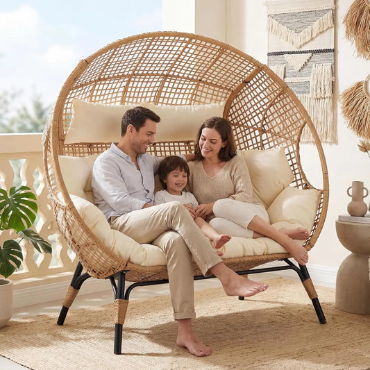 Oversized Double Egg Chair Wicker Rattan Lounge Loveseat with Legs for Patio Garden Backyard Living Room Beige, Customized
