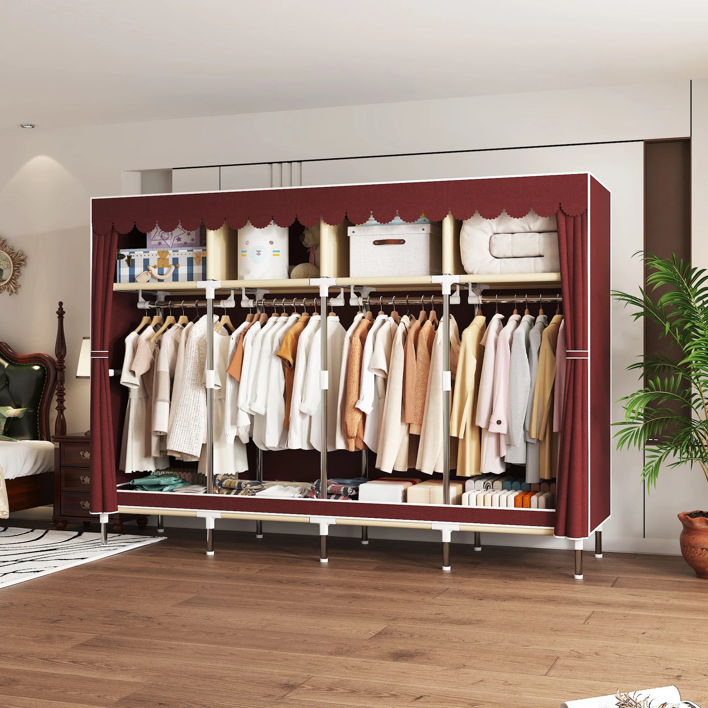 ArluKin Heavy Duty Fabric Wardrobe With 4 Hanging Rods