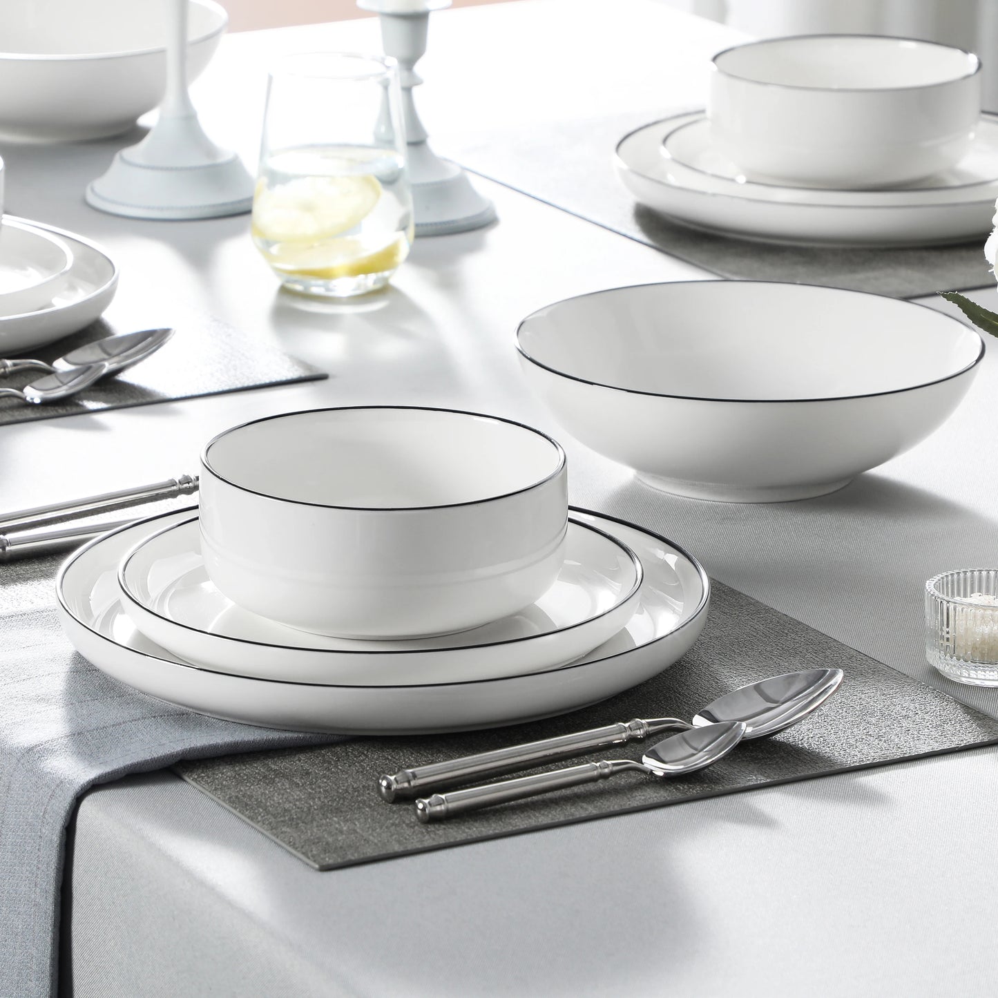 MALACASA 24/48Piece Ceramic Plates Black Rim Porcelain Dinnerware Set  6/12 Pcs Dinner/Soup/Dessert Plates/Bowl Service for 6/12