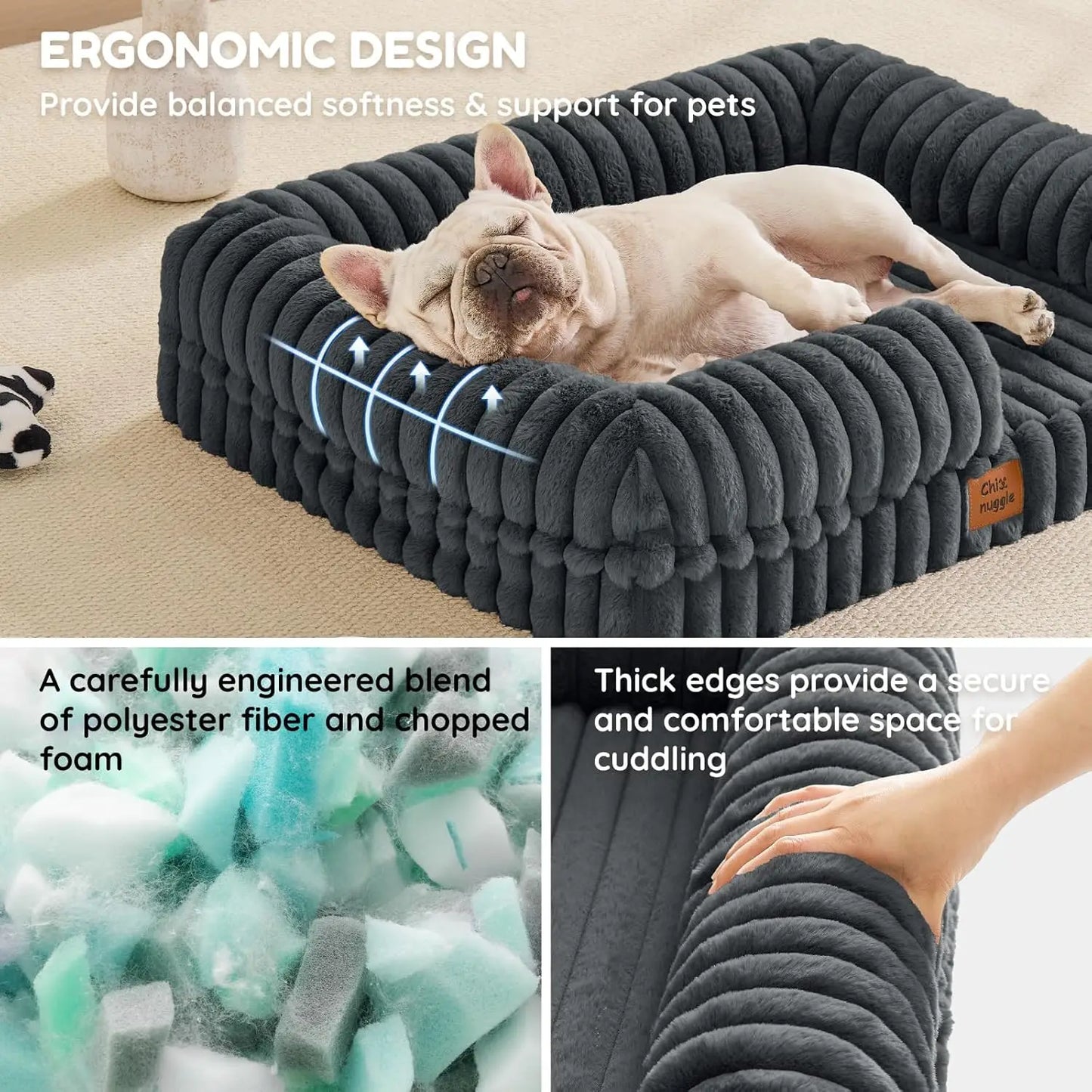 Faux Fur Orthopedic Dog Bolster Bed, Waterproof Washable Cover| rectangular dog sofa couch,egg crate foam,non-slip bottom,for small medium dogs,dark grey,30*24*7,puppy bed