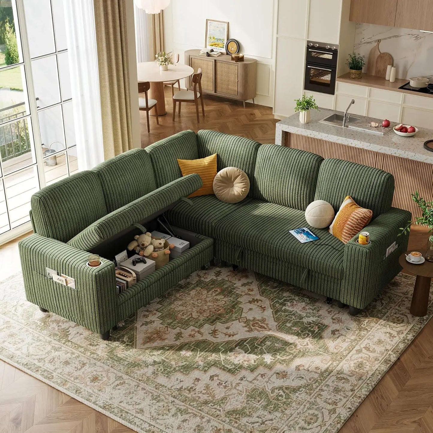 Convertible Sleeper Sectional Sofa With Storage Chaise USB Pullout