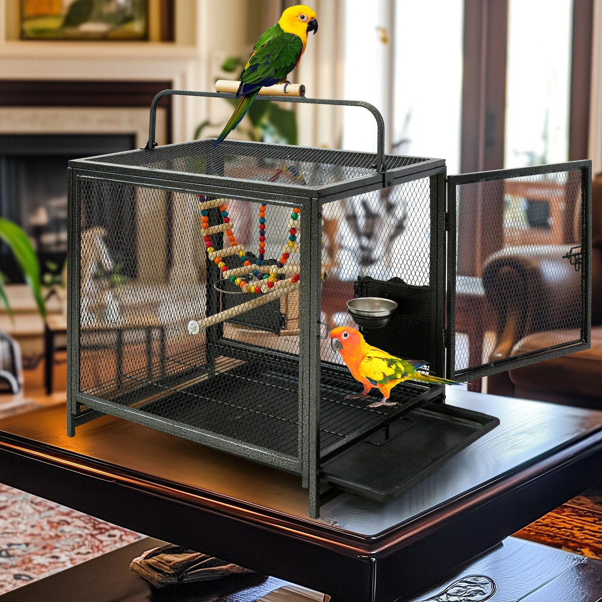 Wrought Iron Bird Travel Carrier Cage Parrot Cage with Handle Wooden Perch & Seed Guard for Small Parrots Canaries Budgies Parro The Pet & Home Store