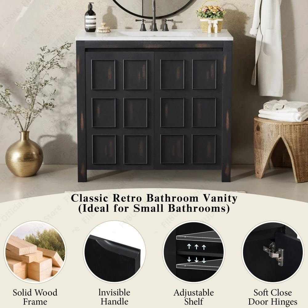 Bathroom Vanity Cabinet 36 Inch Solid Wood Organizer with Ceramic Sink Basin Storage Cabinet Bathroom Vanity Durable Soft-Close