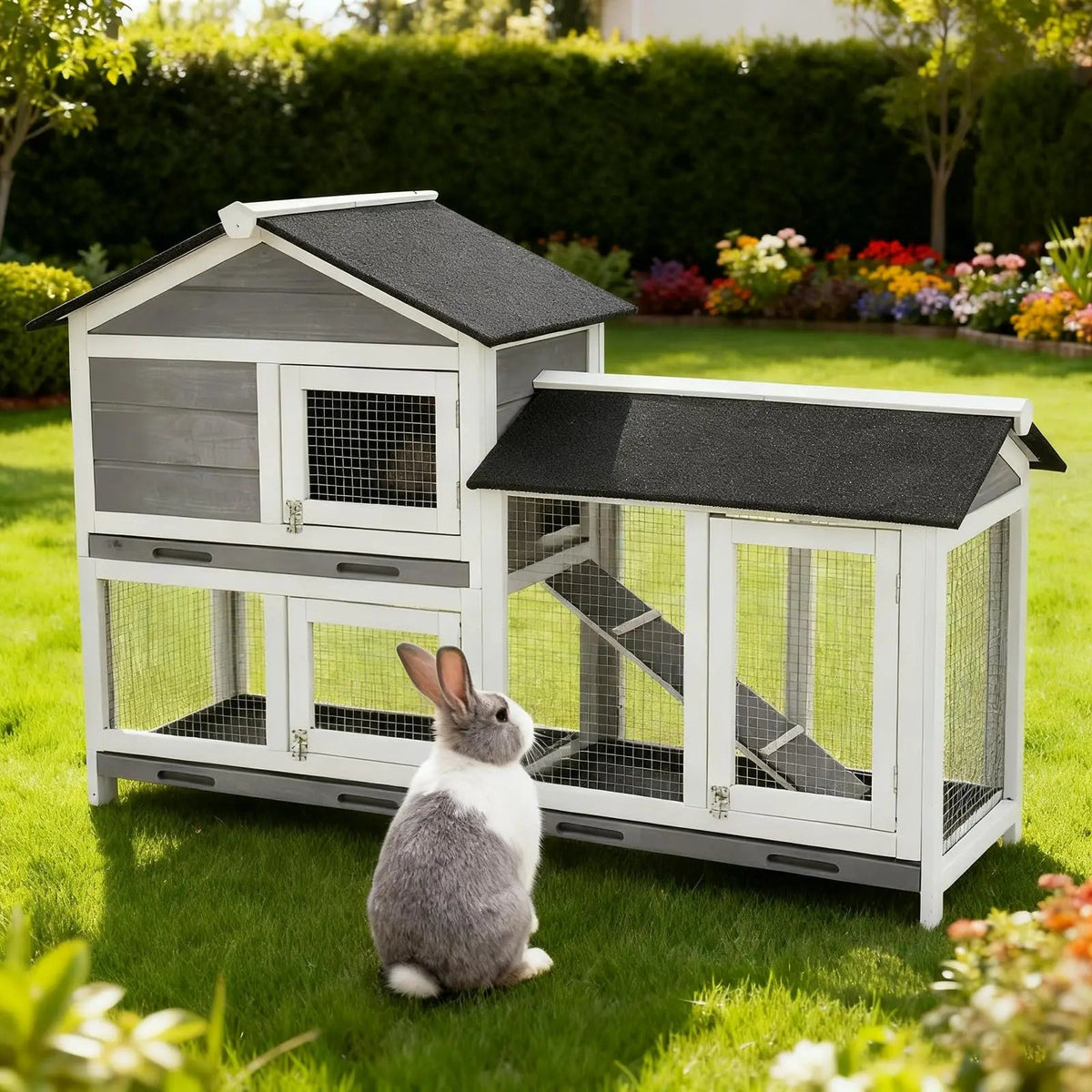 63in Bunny Hutch Indoor, Wooden Rabbit Cage 2-Tier With 3 Removable Trays, Waterproof Roof Bunny House Outdoor Coop The Pet & Home Store