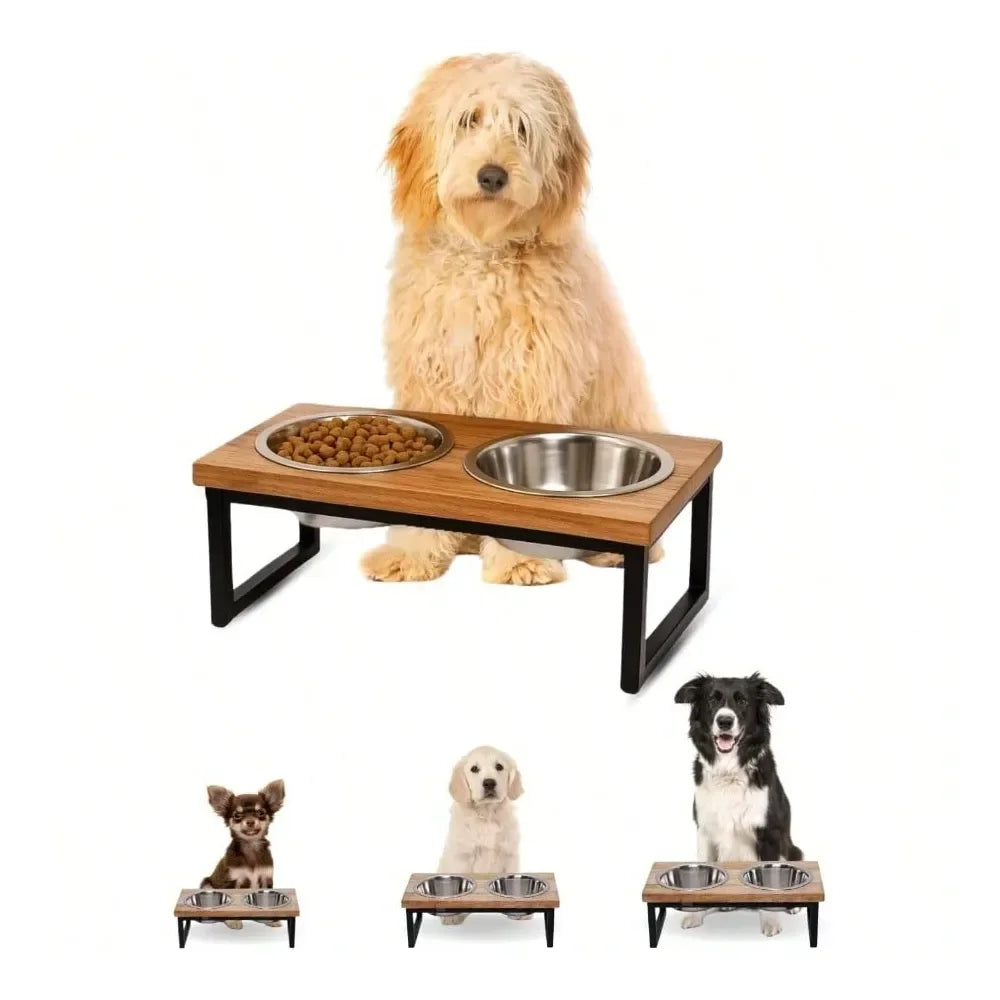 Mango Wood Raised Dog Bowl Stand With Stainless Steel Bowls