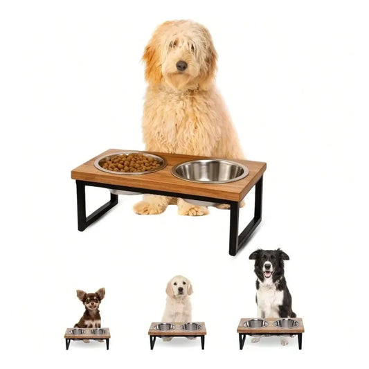 Mango Wood Raised Dog Bowl Stand With Stainless Steel Bowls