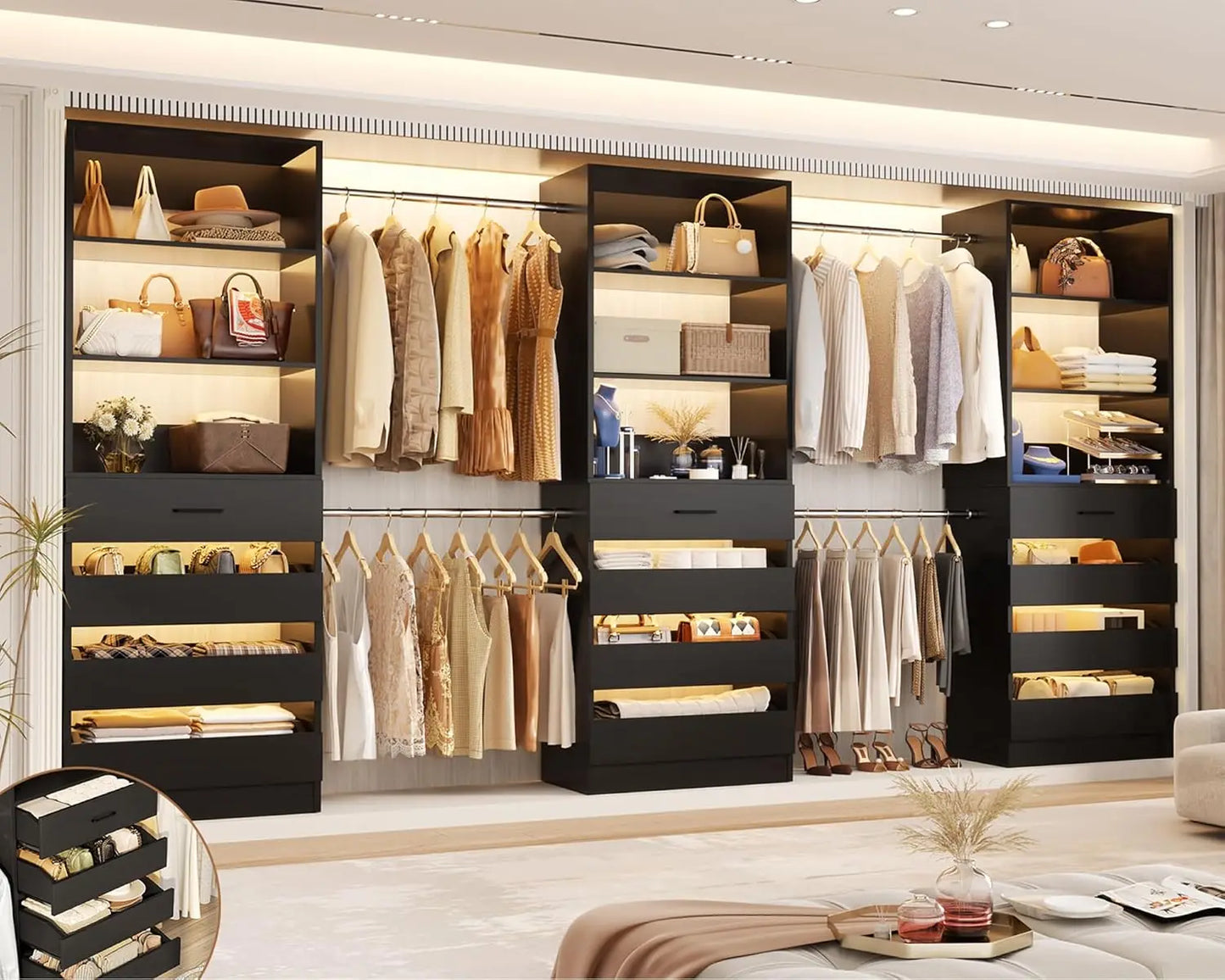 Wooden Closet Organizer System With 4 Rods And 12 Drawers
