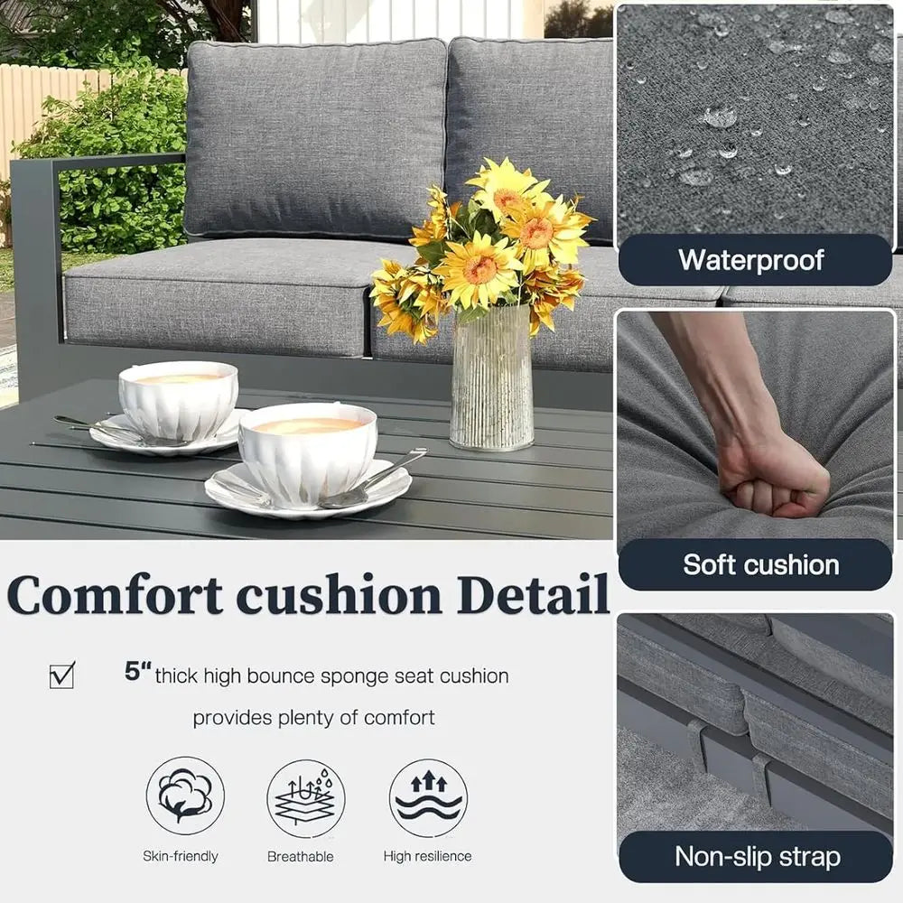 4 Piece Modern Aluminum Patio Furniture Set, Outdoor Patio Sectional Conversation Metal Seating Sets with Olefin Cushion and Cof