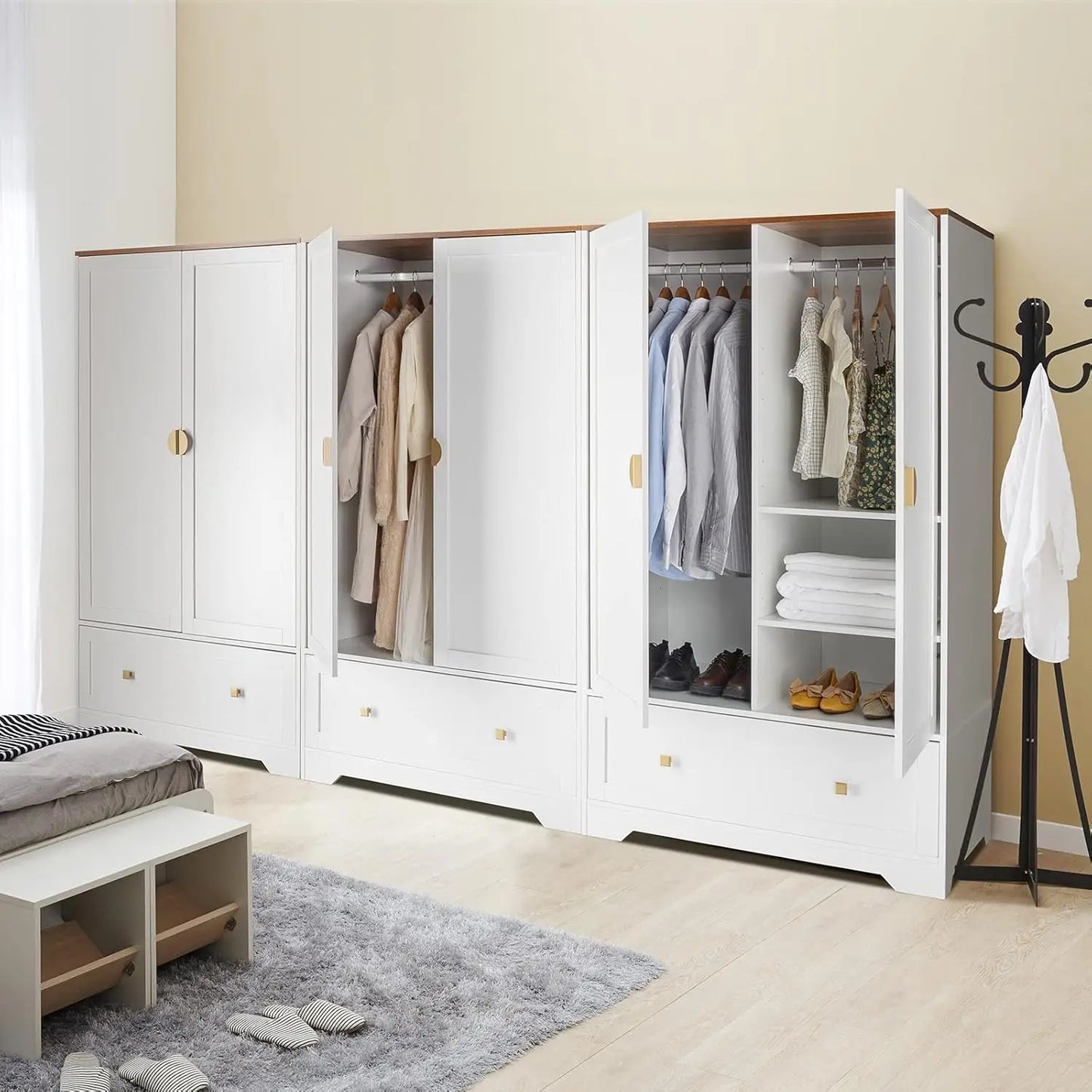 Wood Armoire Wardrobe Cabinet With Drawers And Hanging Rod