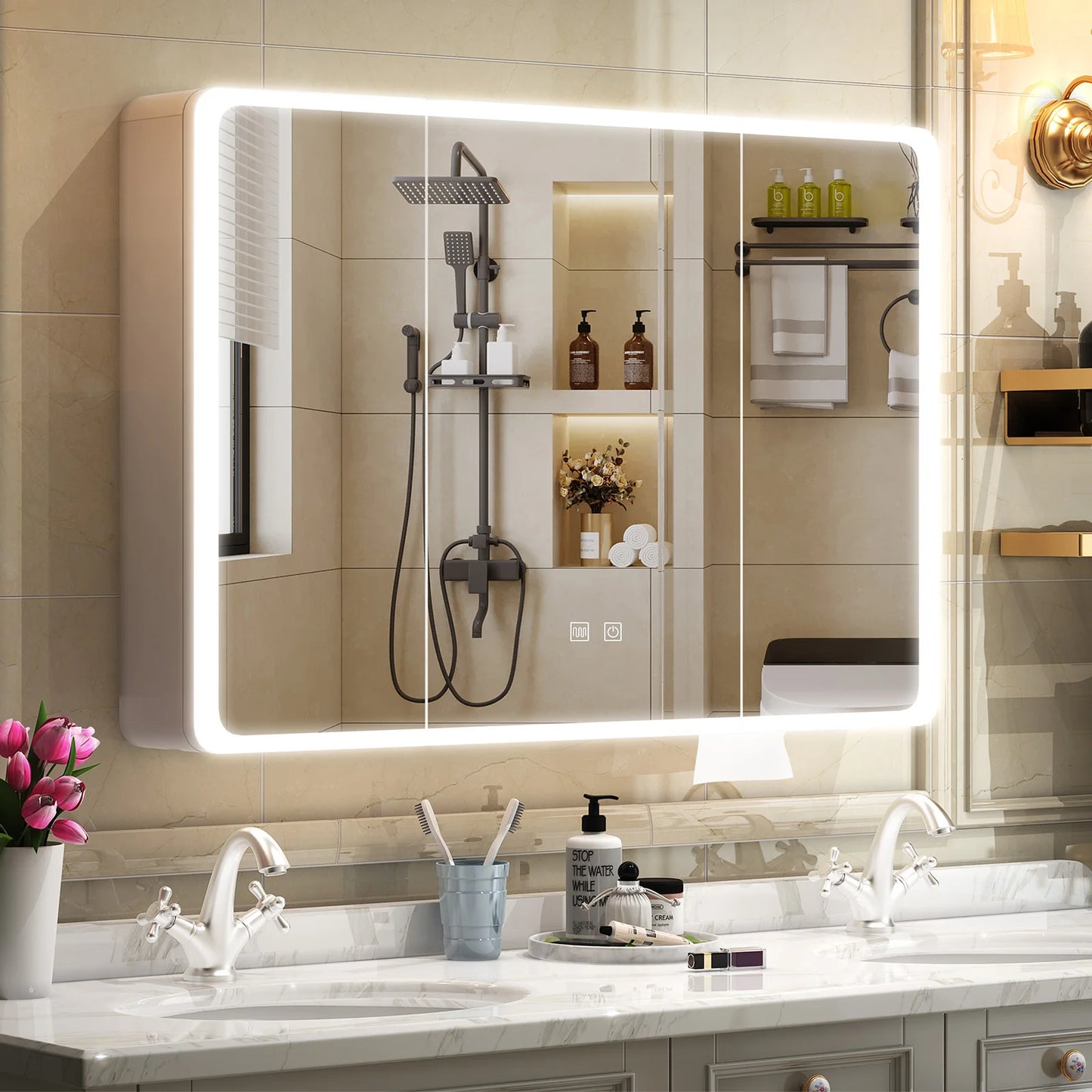Onesaimei LED Mirror Bathroom Medicine Cabinet With 2 Doors