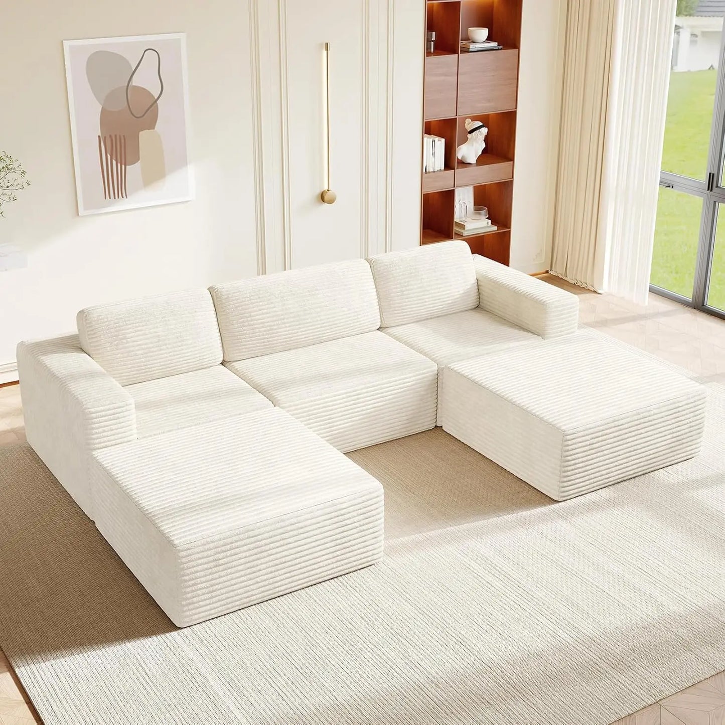 Corduroy L-Shape Modular Sofa With Movable Ottoman Sectional
