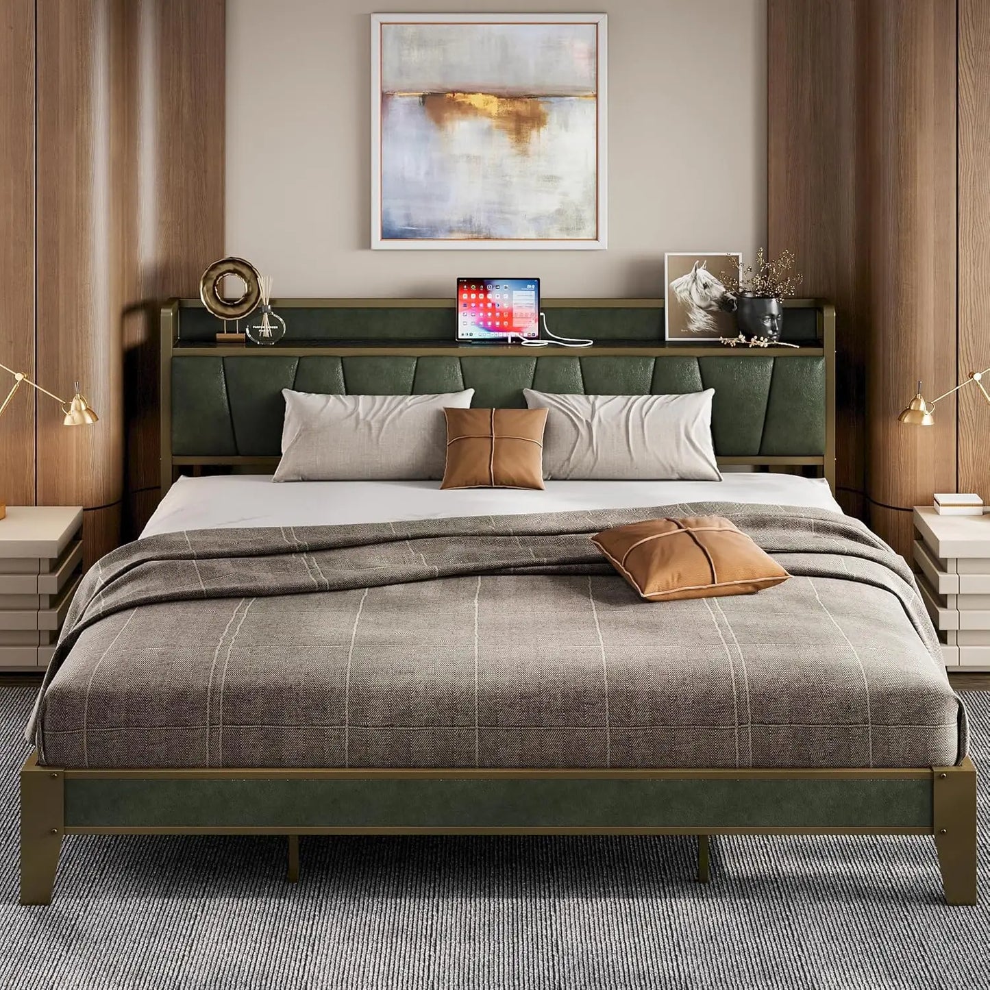 LIKIMIO Bed Frame With Storage Headboard And Charging Station No Box Spring