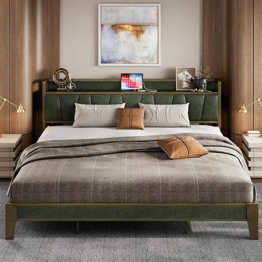 LIKIMIO Bed Frame With Storage Headboard And Charging Station No Box Spring