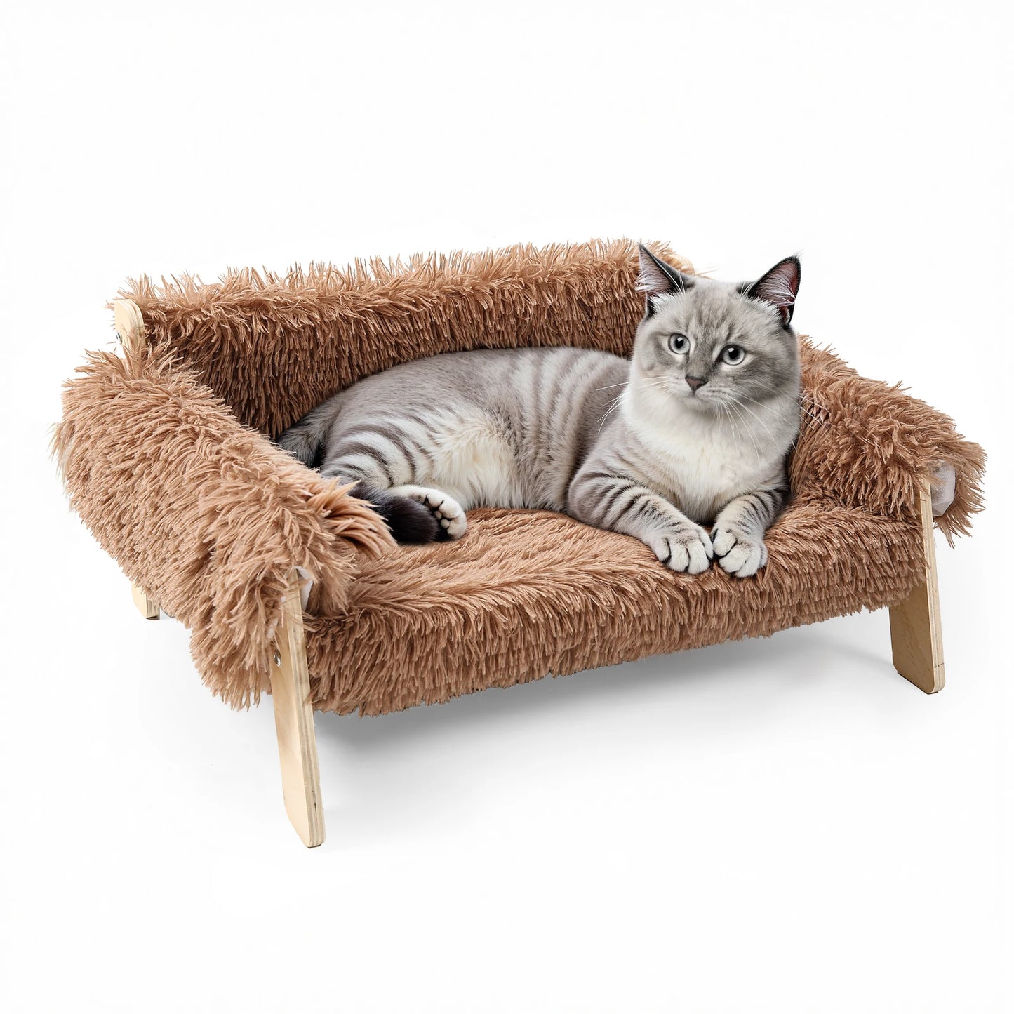 Wooden Raised Cat Bed With Plush Sofa For Indoor Cats
