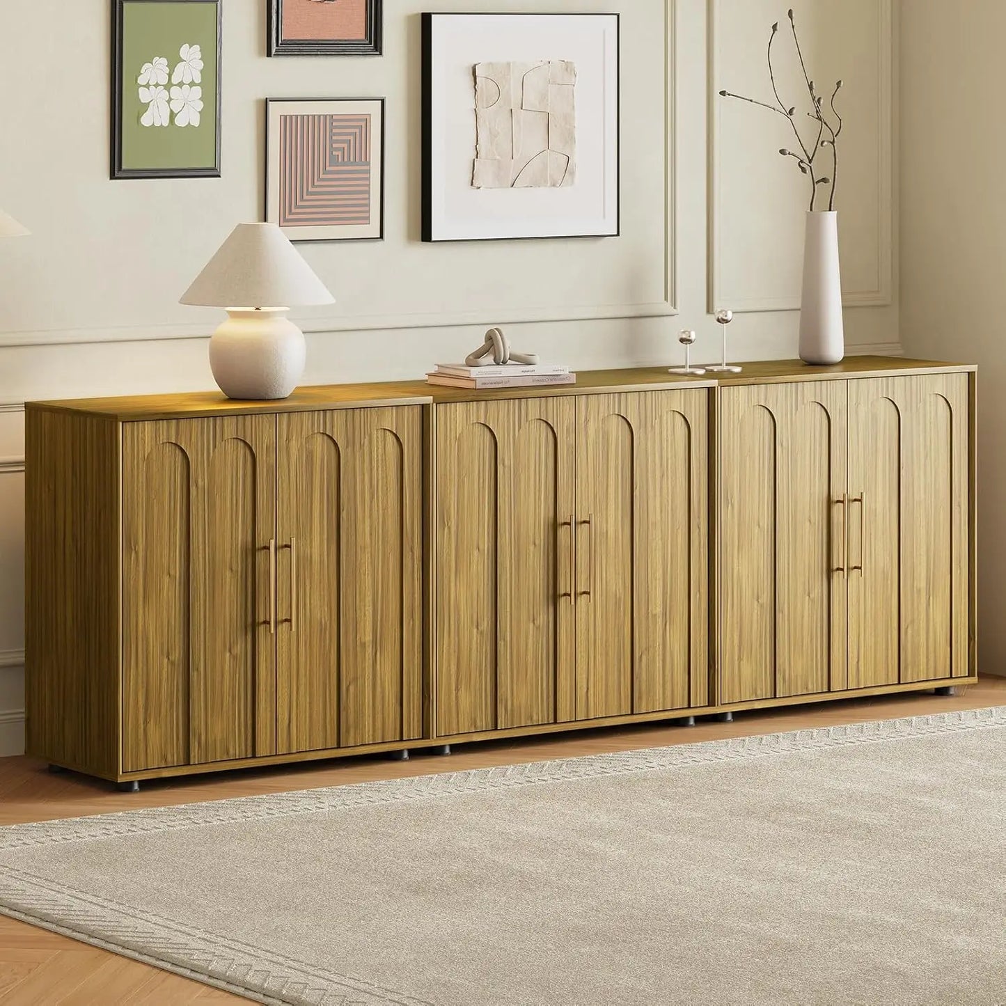 Mid Century Wood Sideboard Buffet Storage Credenza With Arched Doors