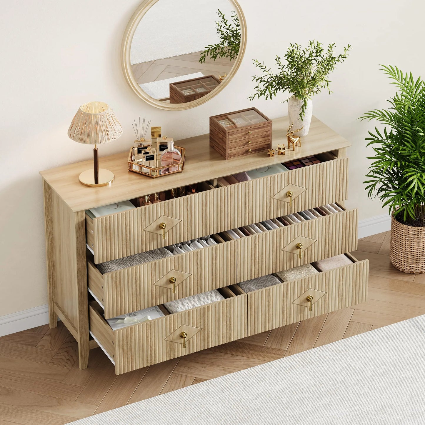 HiMISS Modern Six Drawer Dresser And TV Stand In Wood