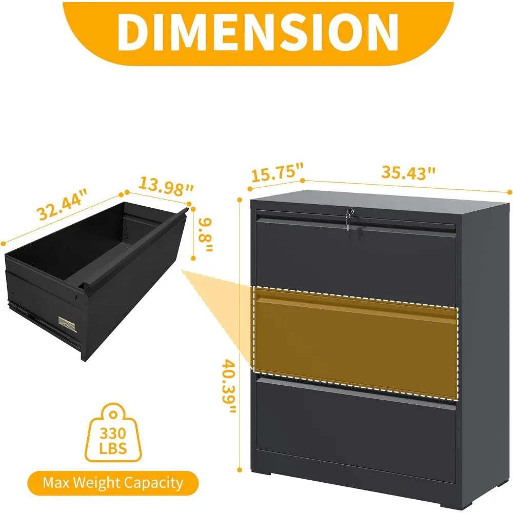 3-drawer lateral file cabinet with lock, black metal heavy duty for home office hanging letter files