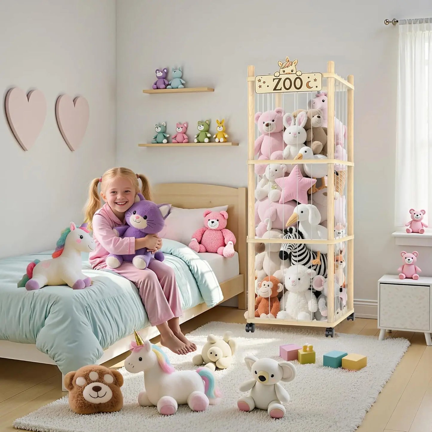 Durable Wooden Stuffed Animal Storage Tower With Wheels