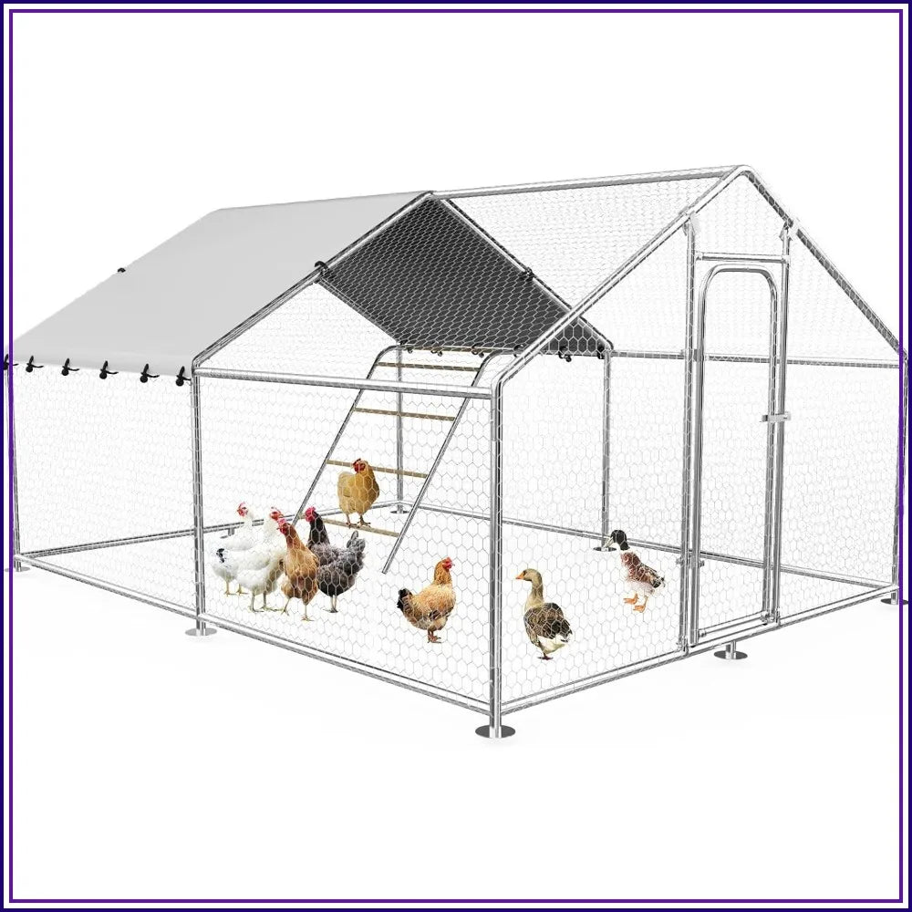 Large Metal Chicken Coop 9.8'x13.2'x6.4' Walk-in Run Outdoor Cage Rabbit Duck Hen House Spire Roof