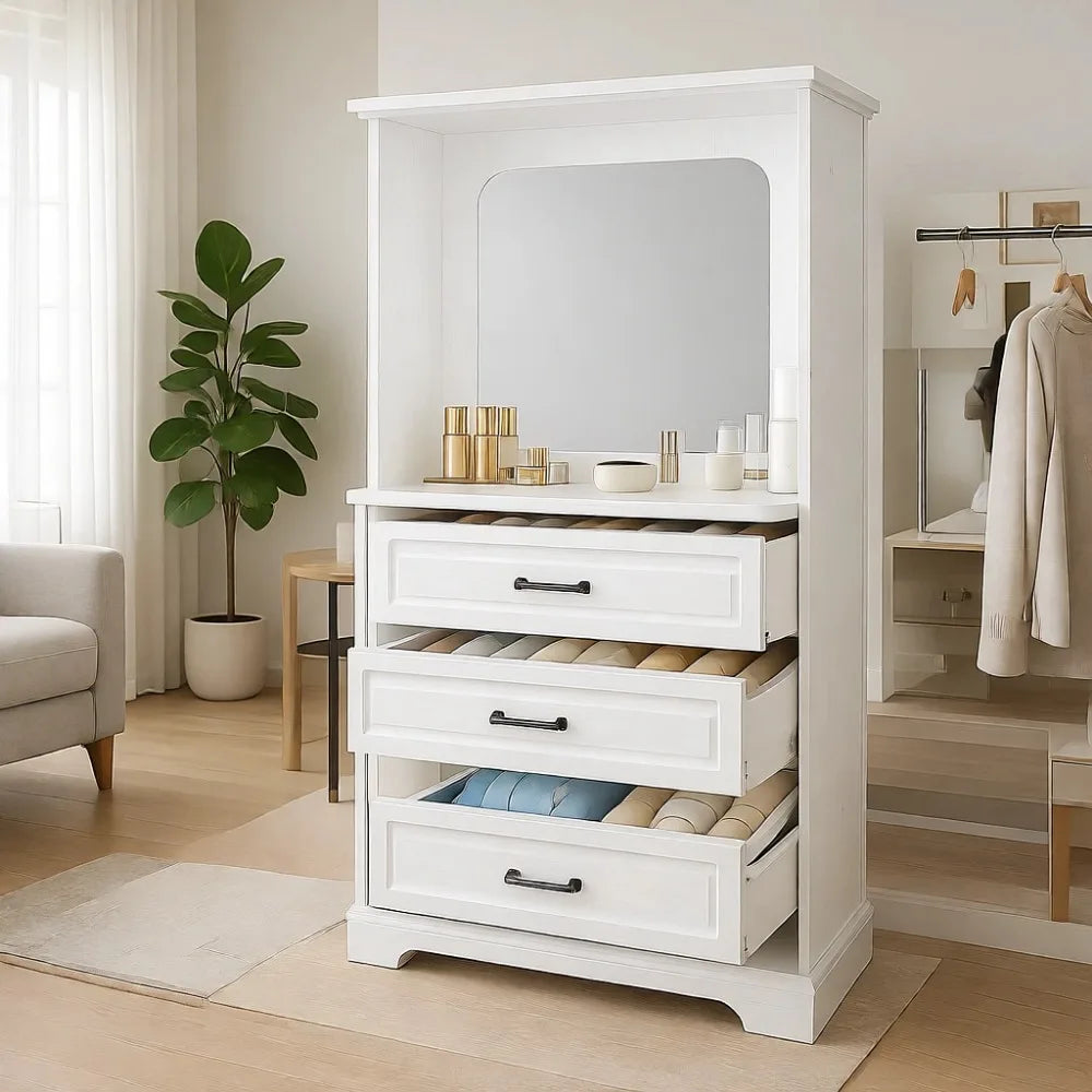 48"-96" Adjustable Closet Organizer System with Mirror, Drawers, Hanging Rod, and Tower for Heavy-Duty Clothing Storage, White