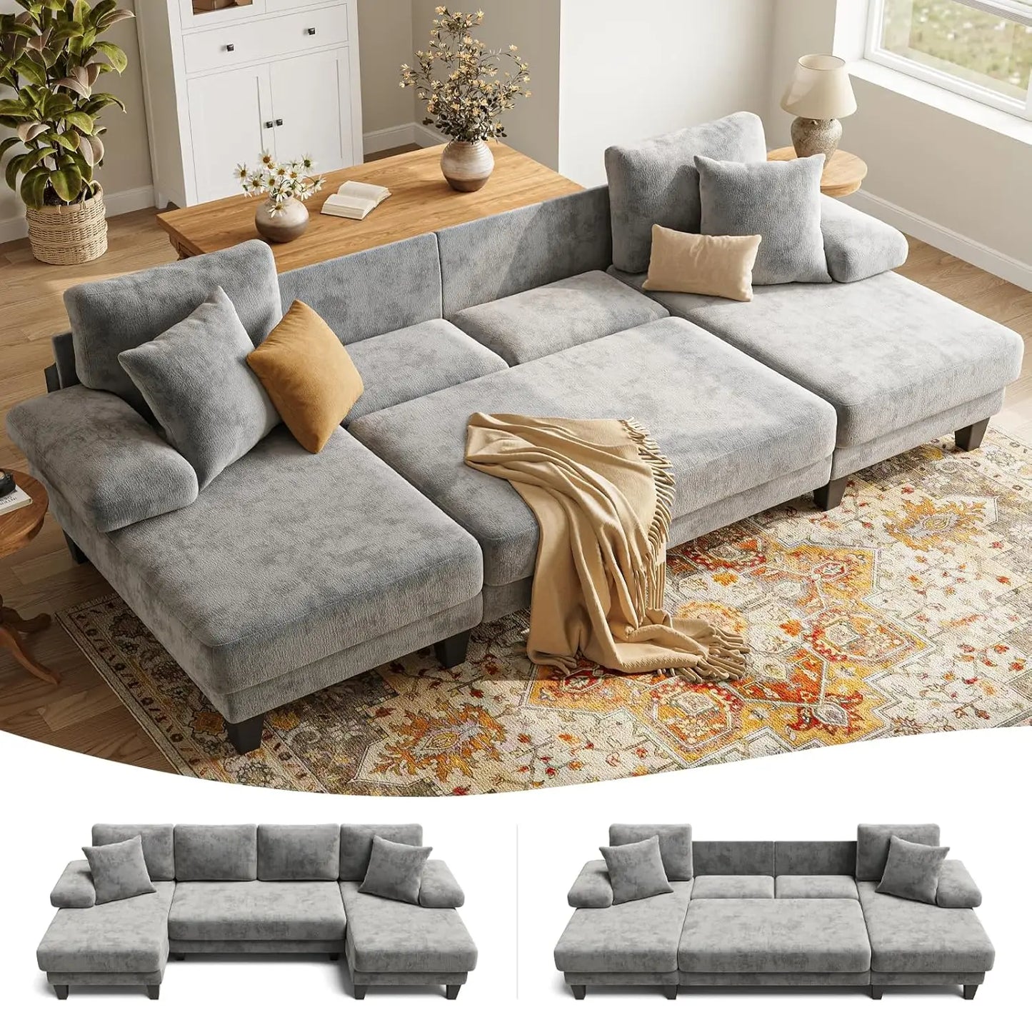 GUANGBAI Sleeper Sofa With Pull Out Bed U Shaped Chenille