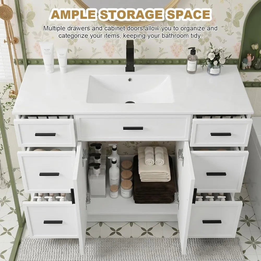 48" Bathroom Vanity with Sink, Farmhouse Cabinet, 2 Soft Close Doors & 6 Drawers, White