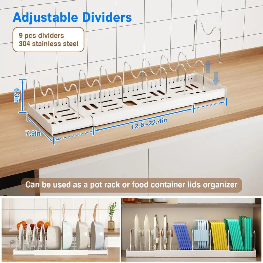 Under Cabinet Pots And Pans Organizer With 9 Adjustable Dividers