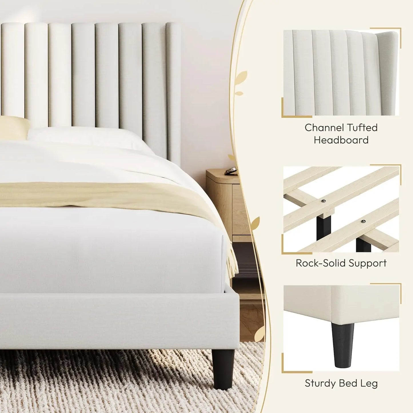 Upholstered Platform Bed Frame With Fabric Headboard Wing Edge NonSlip