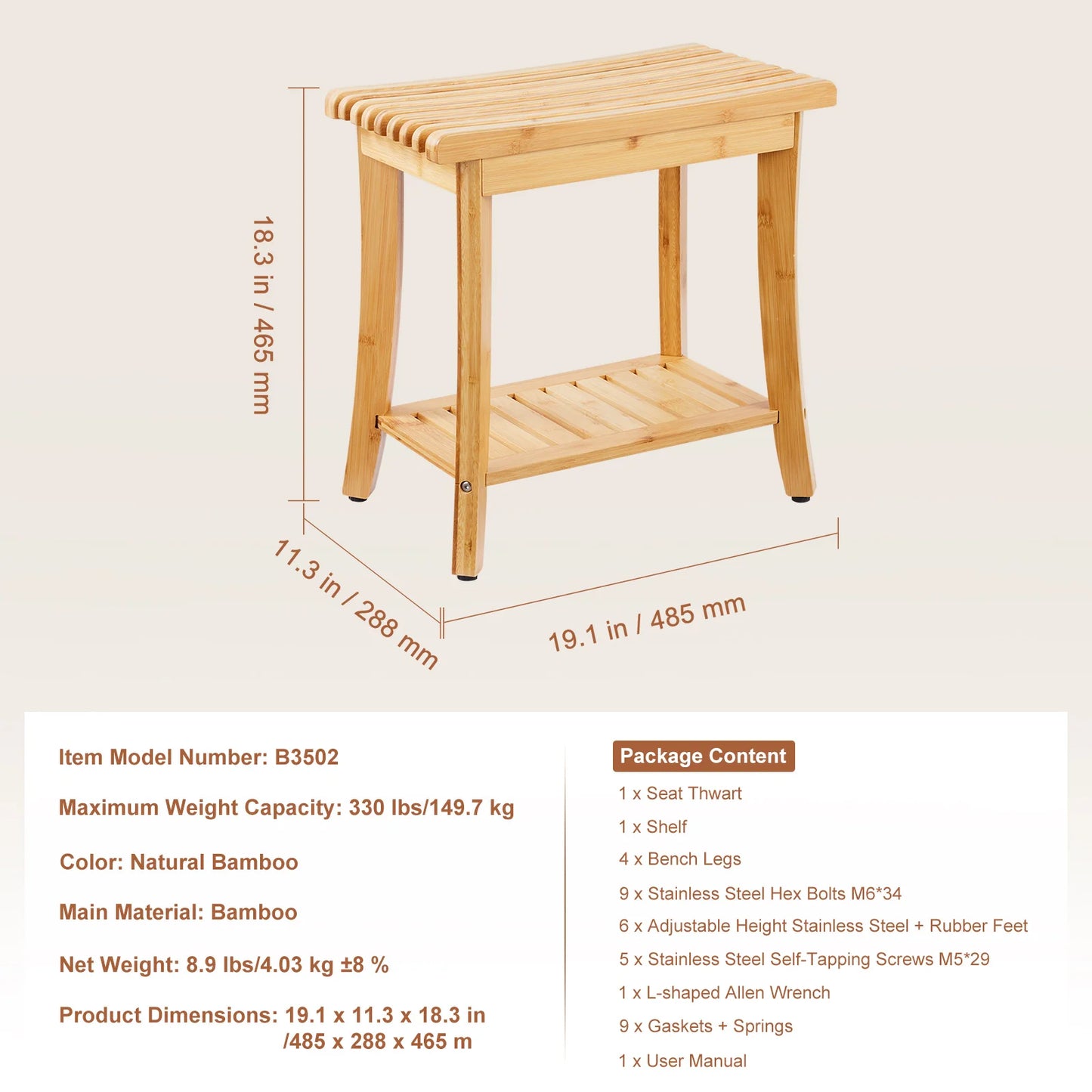 SucceBuy Bamboo Shower Bench With Storage Shelf 330lbs