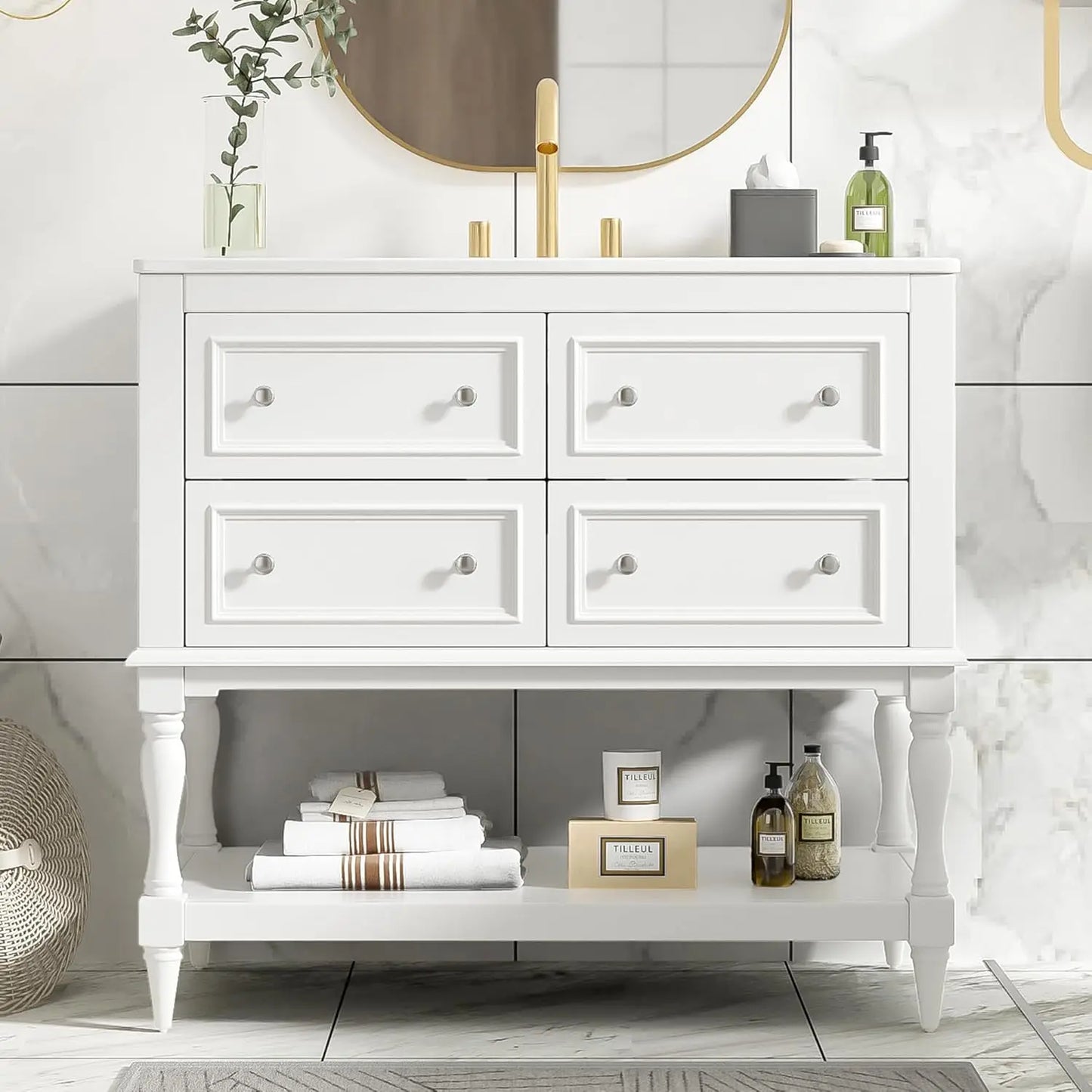 36" Bathroom Vanity with Sink Farmhouse Storage Cabinet 4 Drawers Open Shelf Solid Wood Frame Bath Furniture Customized