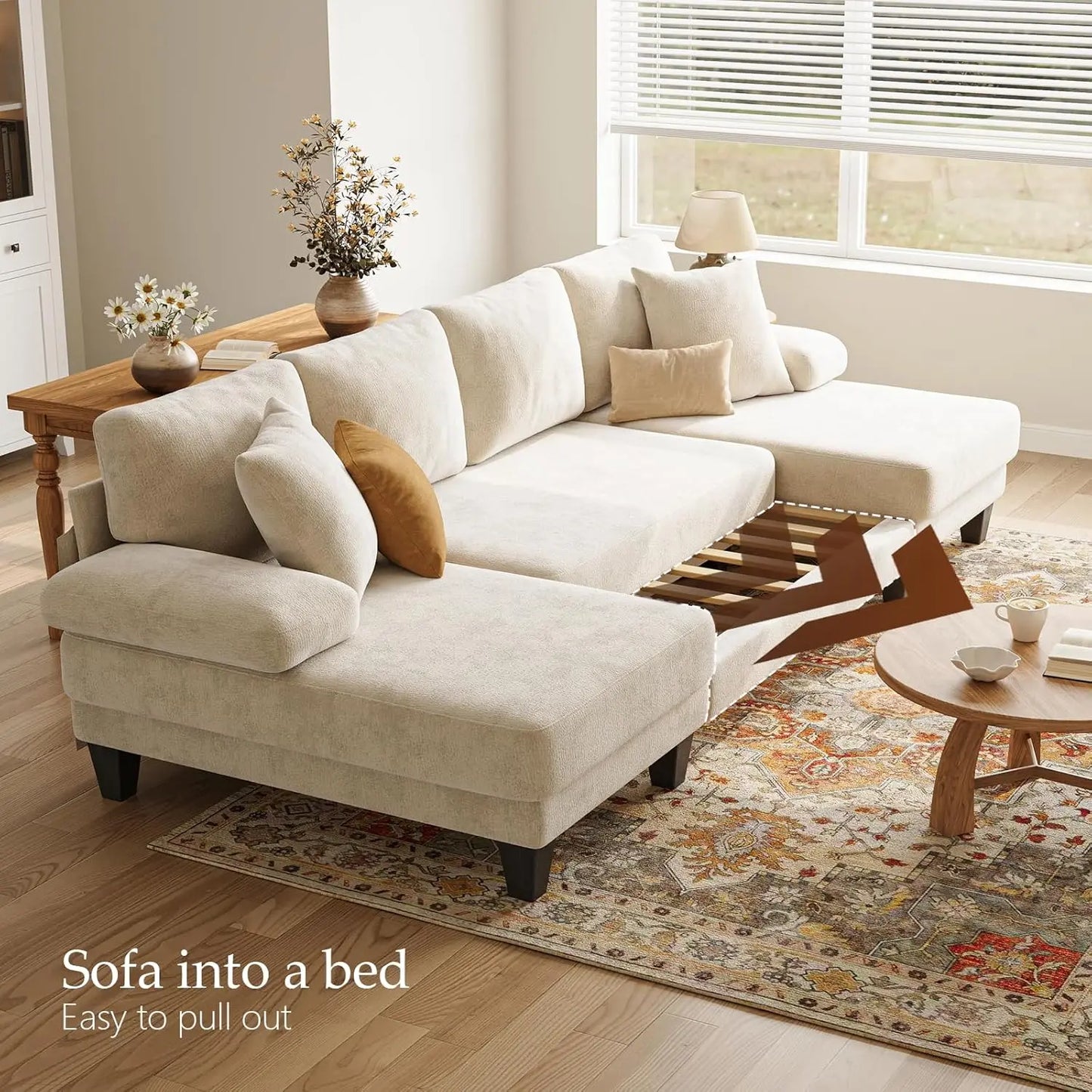 GUANGBAI Sleeper Sofa With Pull Out Bed U Shaped Chenille