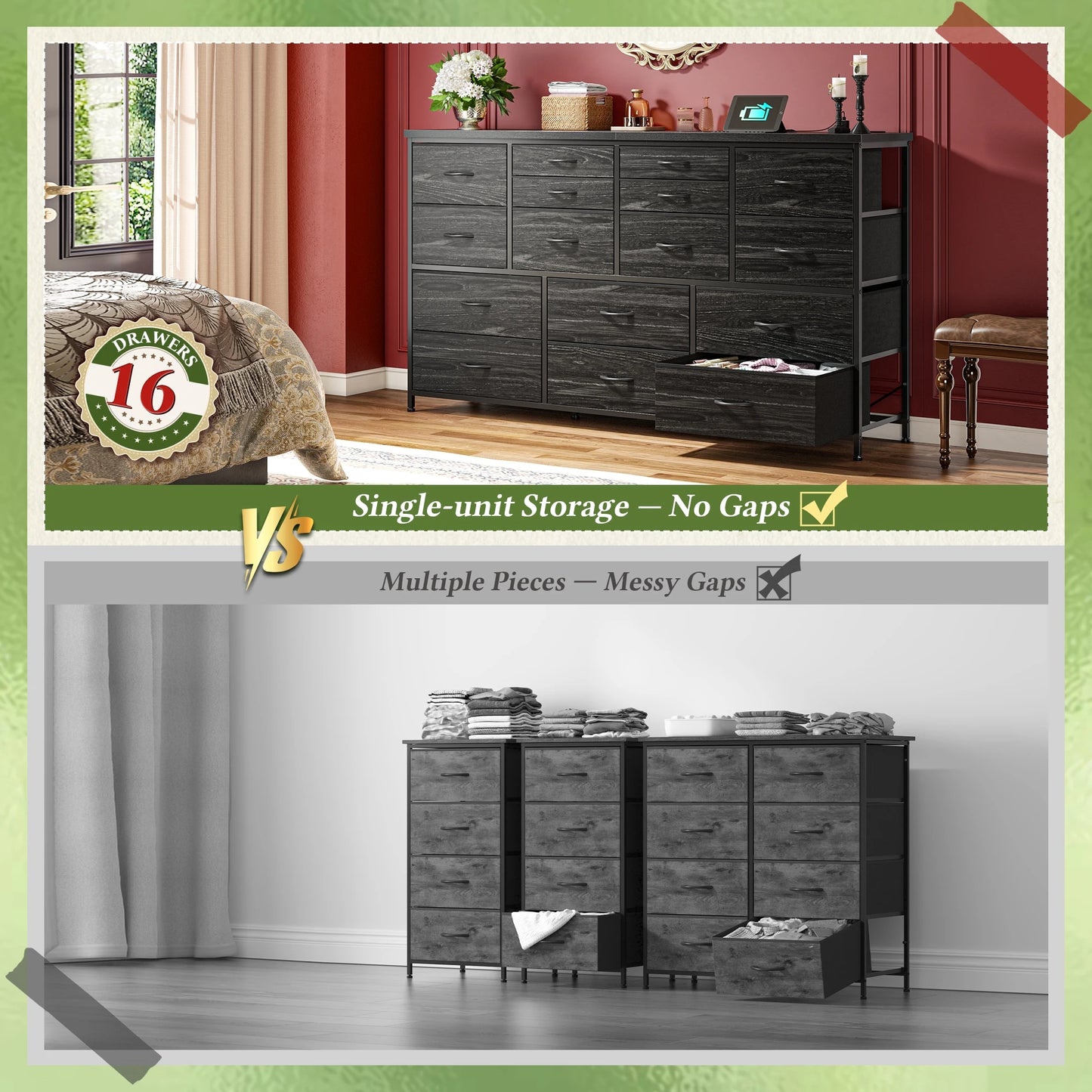 16-Drawer Fabric Dresser with Charging Station - Versatile TV Stand for 60" TVs, Organizer for Bedroom or Living Room