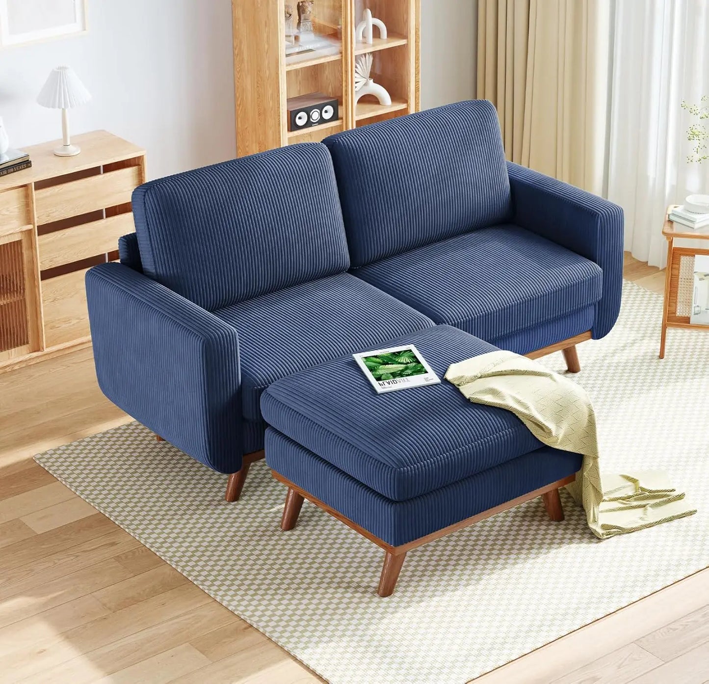 Corduroy L-Shape Modular Sofa With Movable Ottoman Sectional