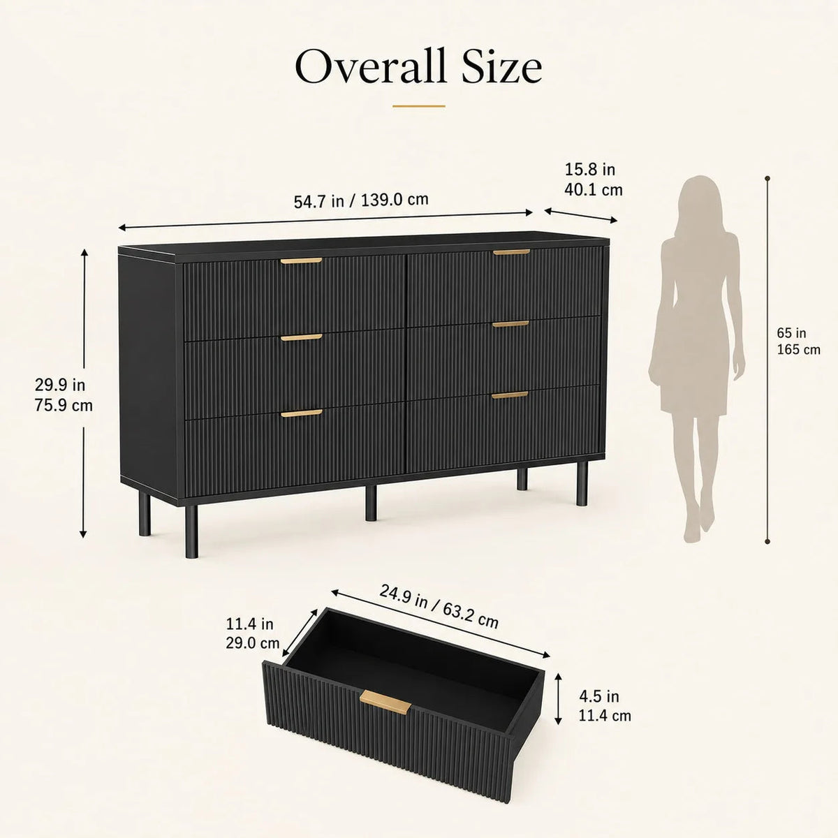 Fluted 6 Drawer Dresser with Metal Legs Wide Storage Cabinet Wood Chest of Drawers Anti Tipping Design Bedroom Living Room Hallway Organizer The Pet & Home Store