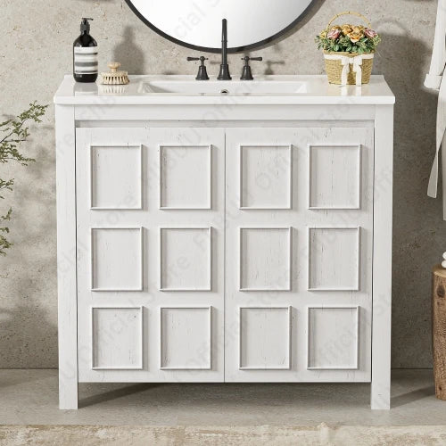 Bathroom Vanity Cabinet 36 Inch Solid Wood Organizer with Ceramic Sink Basin Storage Cabinet Bathroom Vanity Durable Soft-Close
