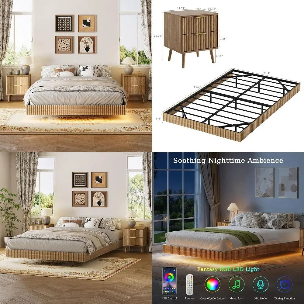 3 Pieces Queen Bedroom Set, Floating Bed Frame with Smart LED Lights amp Nightstand Set of 2, Fluted Bedroom Furniture Set for