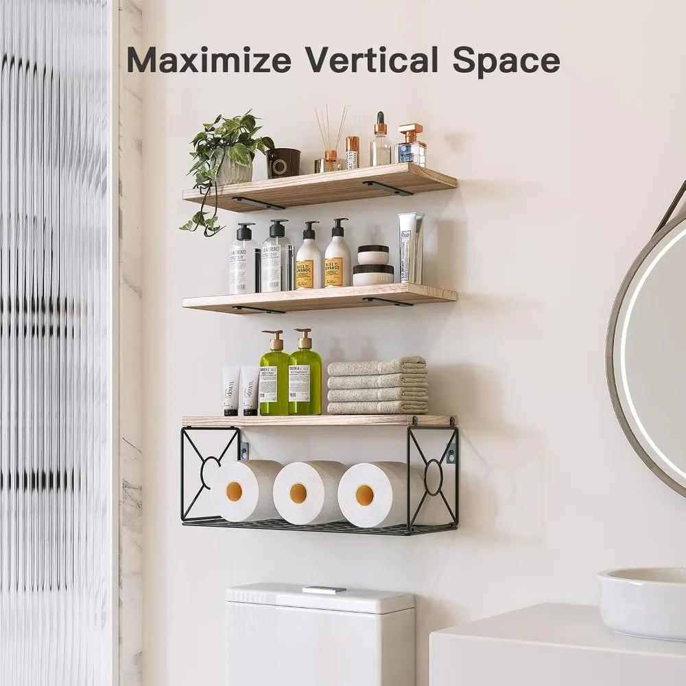 Over Toilet Shelves With Storage Basket Floating Wall Natural Wood