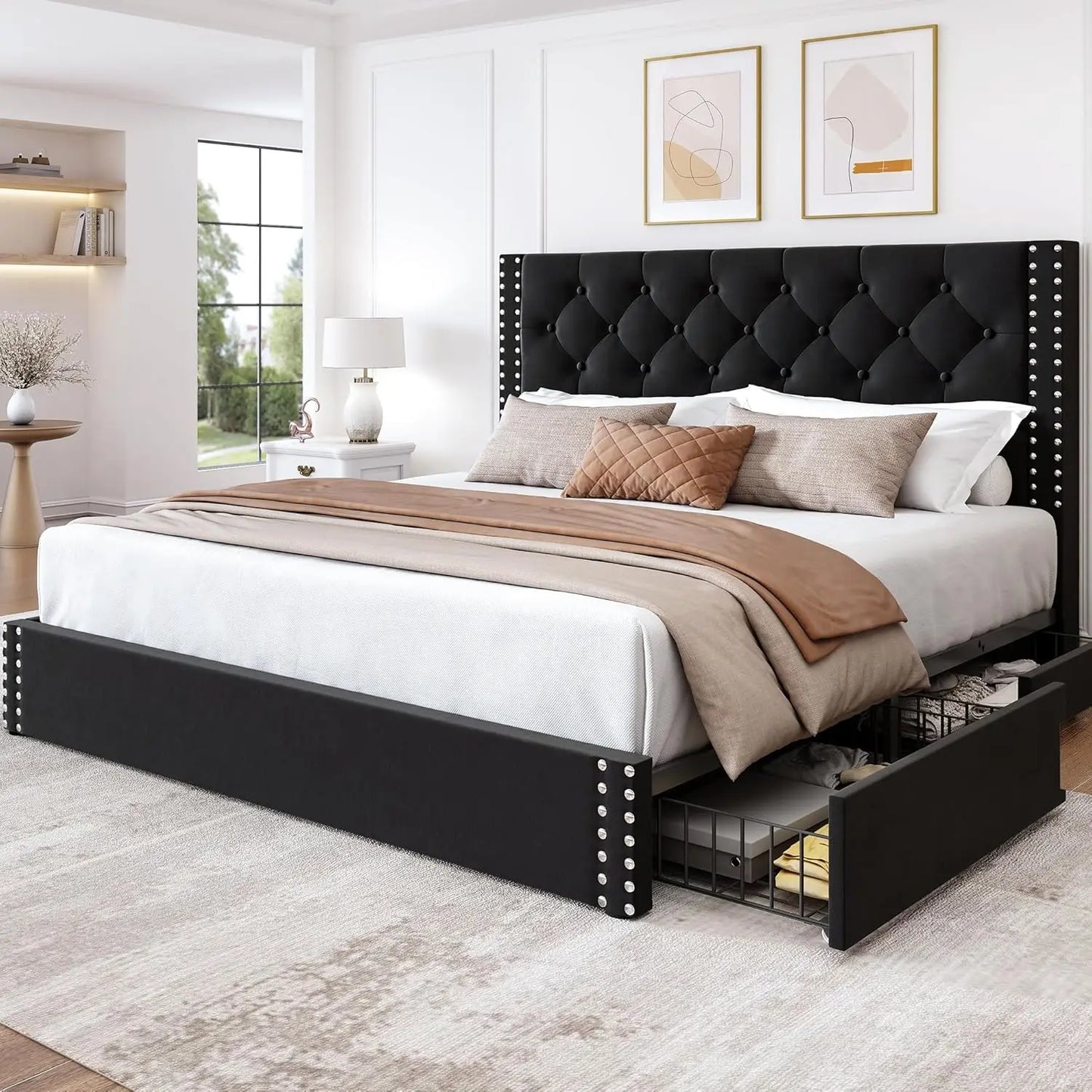Queen Size Bed Frame Upholstered Platform Bed with 4 Storage Drawers and Tufted Headboard Bed Frame with Heavy Duty, Customized