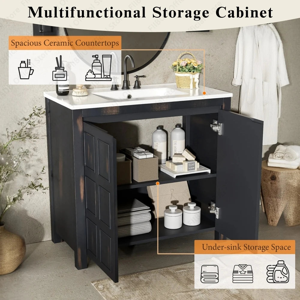 Bathroom Vanity Cabinet 36 Inch Solid Wood Organizer with Ceramic Sink Basin Storage Cabinet Bathroom Vanity Durable Soft-Close