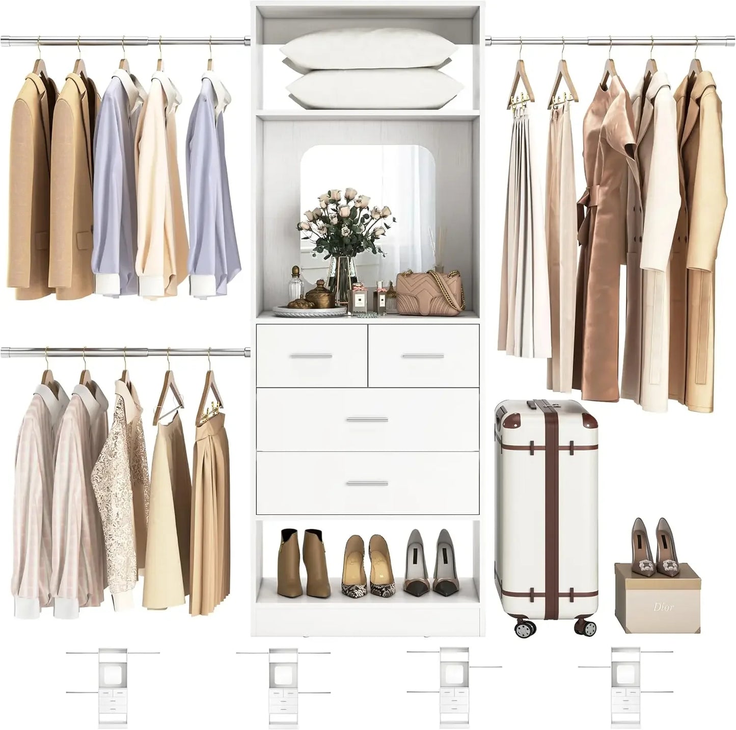 96 Inch Wide Closet Organizer System 8FT Walk-In Starter Kit with 25 Inch Tower And 3 Extendable Hanging for Home Customized